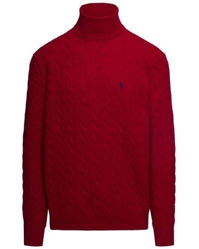 Polo Ralph Lauren Turtleneck In Cable Wool And Cashmere Knit With Contrast Logo Embroidery On The Chest Man - Red