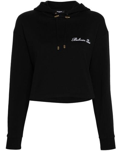 Balmain Logo-embroidered Cotton Hoodie - Black