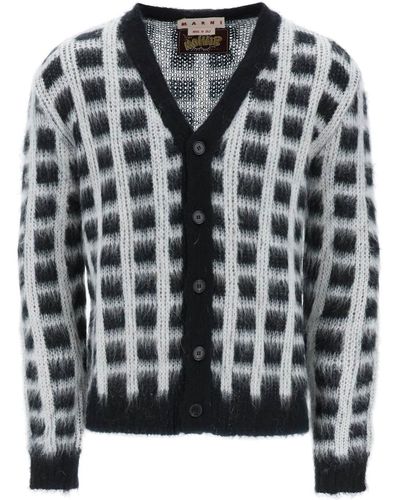 Marni Brushed-yarn Cardigan With Check Pattern - Black