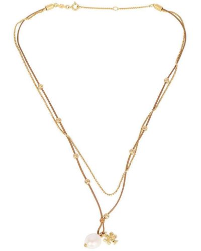 Tory Burch Pearl And Logo Charms Necklace - Metallic