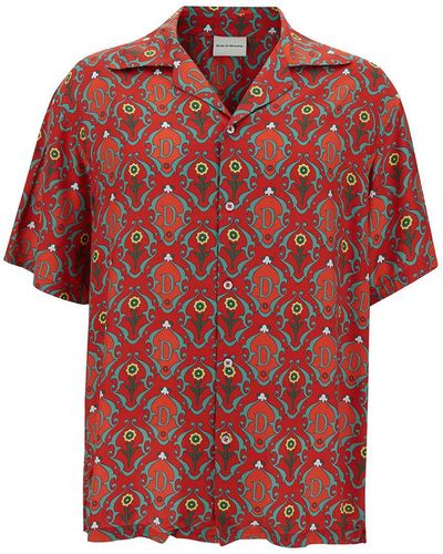 Drole de Monsieur Red Bowling Shirt With Ornements Print In Satin Man