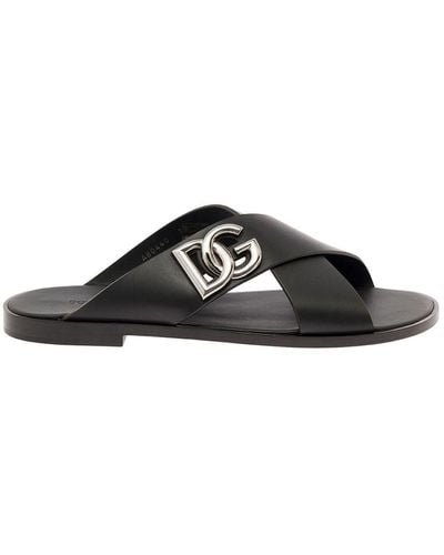 Dolce & Gabbana Sandals With Criss Cross Bands And Logo Detail - Black