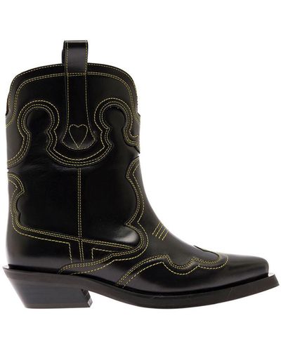 Ganni Low Shaft Embroidered Western Boot - Black