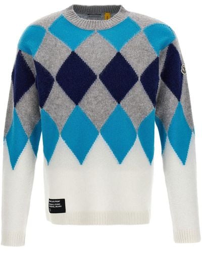 Moncler Frgmt Argyle Wool And Cashmere Sweater - Blue