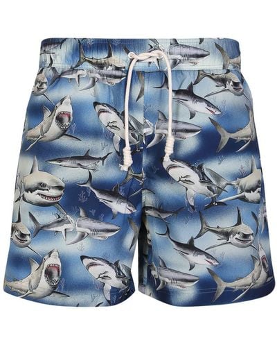 Palm Angels Sharks-print Swim Shorts - Blue