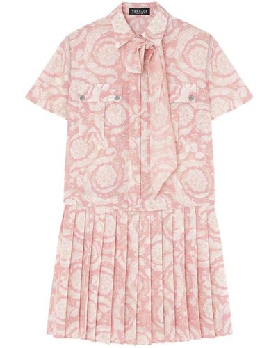 Versace Short Barocco Athena Dress In Silk With Bow - Pink