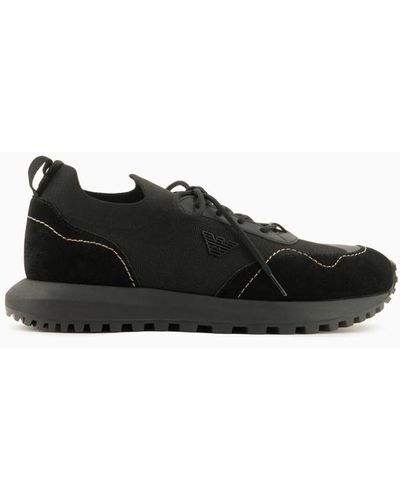 Emporio Armani Knit Sneakers With Suede Details - Black