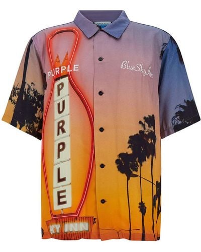 Purple Brand Multicolor Bowling Shirt With Blue Sky Inn Print In Viscose Man - Orange
