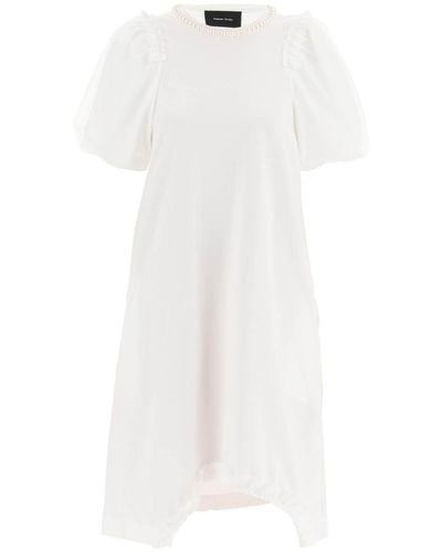 Simone Rocha Imone Rocha Cotton Dress With Tulle Sleeves And Pearls - White