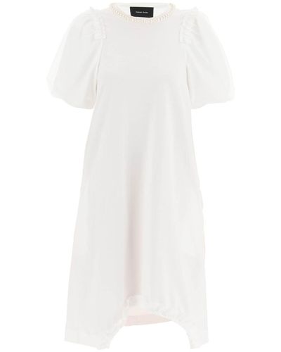 Simone Rocha Imone Rocha Cotton Dress With Tulle Sleeves And Pearls - White