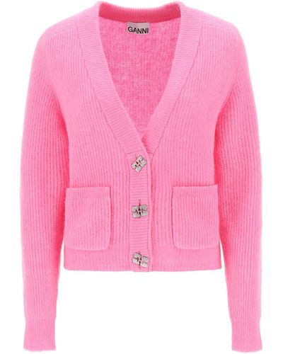 Ganni Wool Cardigan With Jewel Buttons - Pink