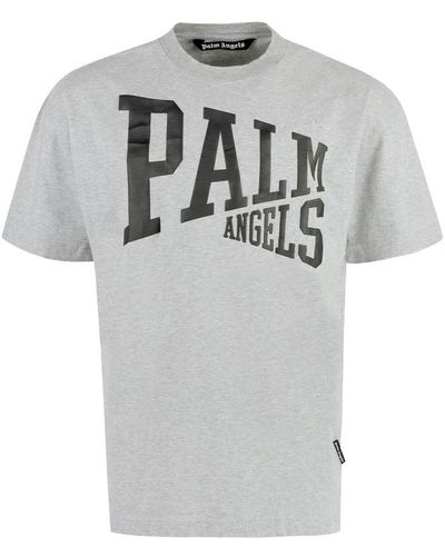 Palm Angels Logo Printed Cotton T Shirt - Gray