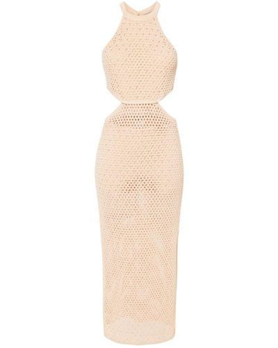 Twin Set Perforated Linen And Cotton Midi Dress With Rhinestones - Natural