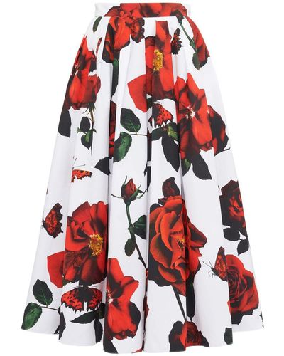 Alexander McQueen Rose Print Skirt - Red