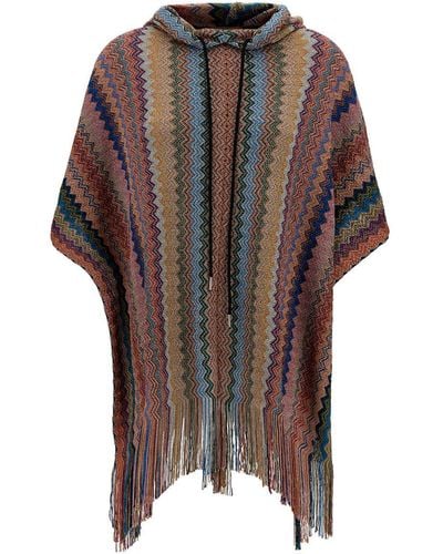 Missoni Multicolor Hooded Poncho With Zigzag Motif In Viscose Blend Woman