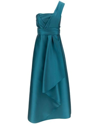 Alberta Ferretti 'mikado' Light Blue Maxi One-shoulder Draped Dress In Satin Woman