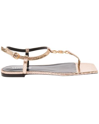 Versace 'medusa '95' Gold-colored Low Sandals With Logo Detail In Snake-printed Leather Woman - Natural