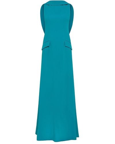 Alberta Ferretti Long Satin Dress With Round Neckline And Ruffle - Blue