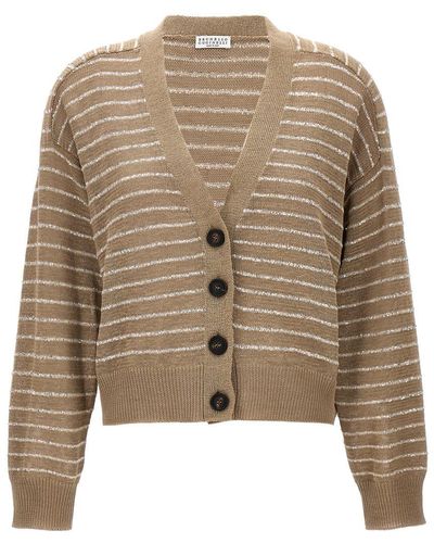 Brunello Cucinelli Sequin Striped Cardigan Sweater, Cardigans - Brown
