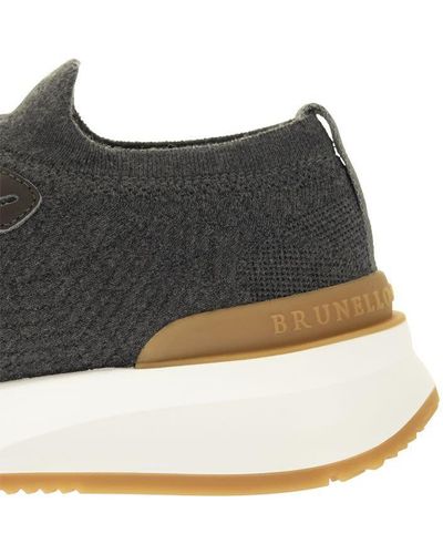 Brunello Cucinelli Runners In Cotton Knit And Semi-glossy Calf Leather - Gray