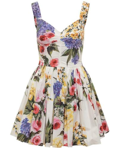 Dolce & Gabbana Short Bustier Dress In Cotton Poplin Garden Print - White