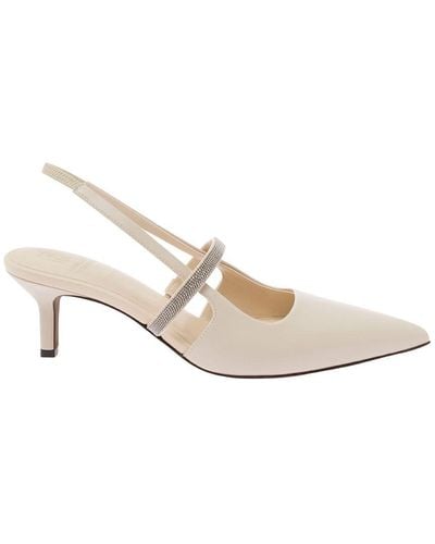 Brunello Cucinelli Ivory Slingback Court Shoes With Monile Strap - Natural