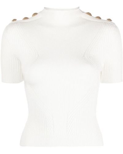 Balmain Gold Embossed Buttons Knitted Top - White