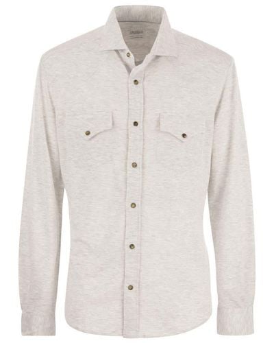 Brunello Cucinelli Linen And Cotton Blend Leisure Fit Shirt With Press Studs And Pockets - White