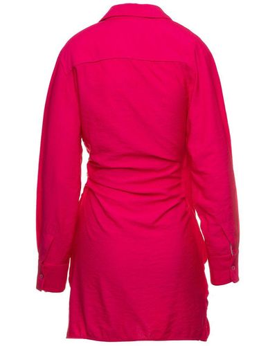 Jacquemus 'La Robe Bahia' Fuchsia Short Draped Shirt Dress - Pink