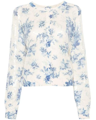 Twin Set Cotton Cardigan With Floral Print And Rhinestones - Blue
