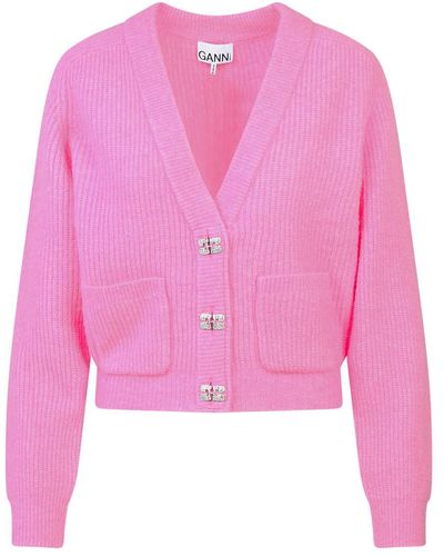 Ganni Embellished Wool-blend Cardigan - Pink