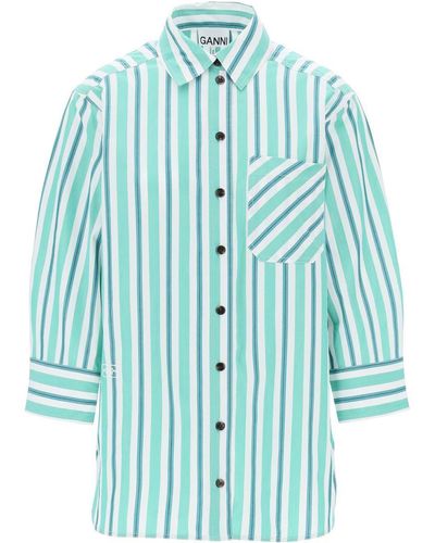 Ganni "oversized Striped Poplin Shirt - Blue