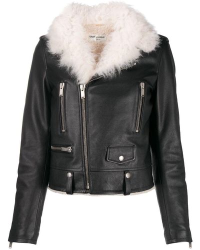 Saint Laurent Veste Biker En Cuir Grainé Et Shearling - Black