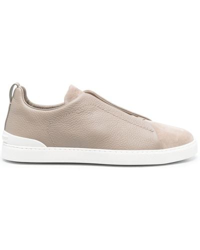 Zegna Triple Stitch Panelled Grained-leather And Suede Low-top Sneakers - Natural