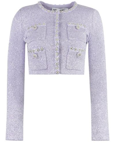 Self-Portrait Cropped-Length Knitted Cardigan - Purple