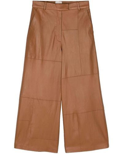 Alysi Wide Leg Cropped Leather Trousers - Brown