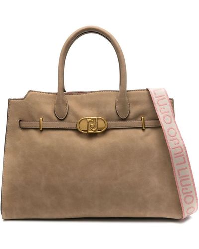 Liu Jo Synthetic Leather Tote Bag With Logo Plaque And Shoulder Strap - Natural