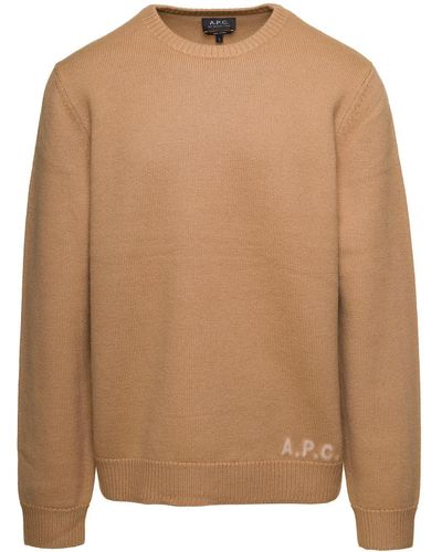 A.P.C. Edward Beige Crewneck Jumper With Embroidered Logo In Wool - Brown