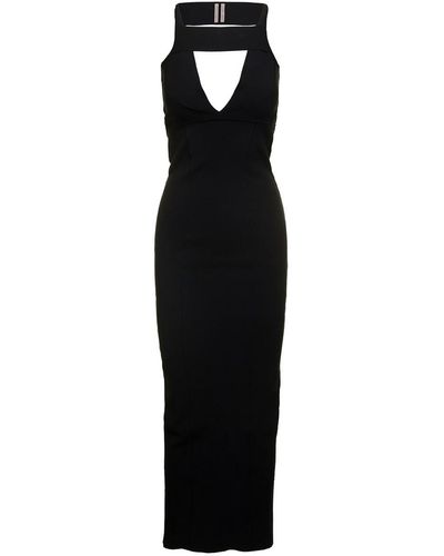 Rick Owens Maxi Black Dress With Cut-out In Viscose Blend Woman