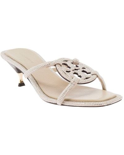 Tory Burch Silver Sandals With Rhinestone And Double T Detail In Leather Woman - White