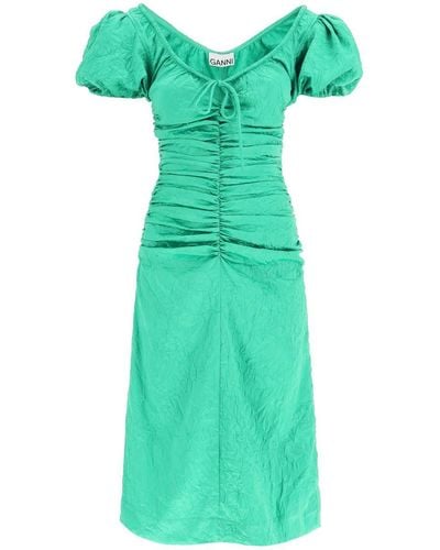 Ganni Crinkle Satin Midi Dress - Green
