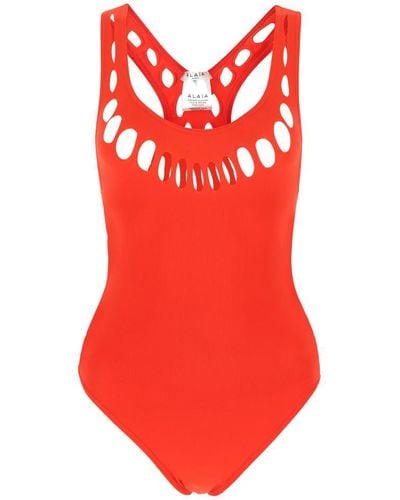 Alaïa Perforated-detail Swimsuit - Red