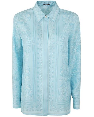 Versace Formal Shirt Silk Twill Fabric Baroque Print 92 Clothing - Blue