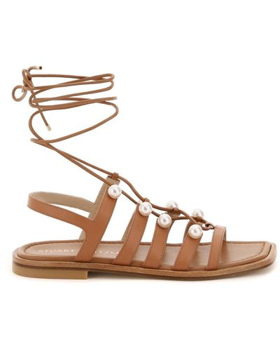 Stuart Weitzman Goldie Lace-up Sandals With Pearls - Brown