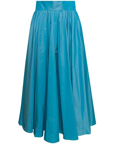 Plain Light Blue Maxi Pleated Skirt With Zip Fastening In Polyester Woman