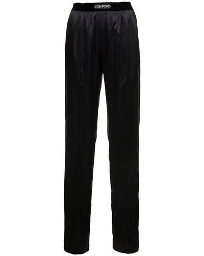 Tom Ford Loose Trousers With Logo In Stretch Silk - Black