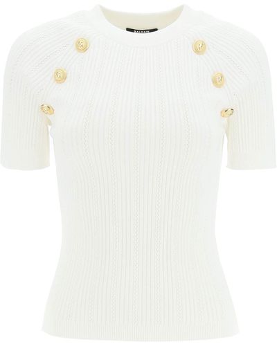 Balmain Textured Knit Top With Buttons - White