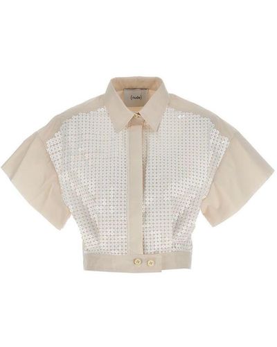 Nude Sequin Cropped Shirt - White