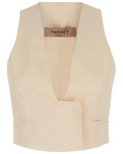 Twin Set Crop Vest With Concealed Closure - Natural