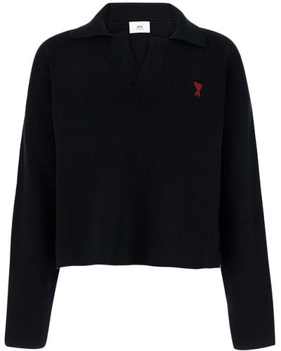Ami Paris Polo Sweater With Embroidered Ami De Coeur Logo - Black